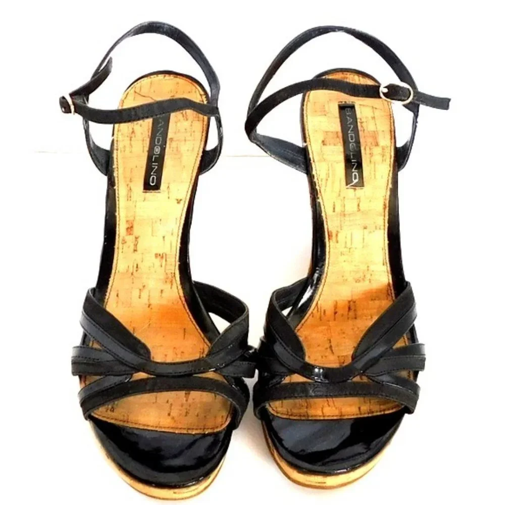Bandolino Black Leather Embroidered Cork Wedges